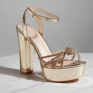 Gold Glamorous Women's Platform Sandals with Rhinestoned Bowknots
